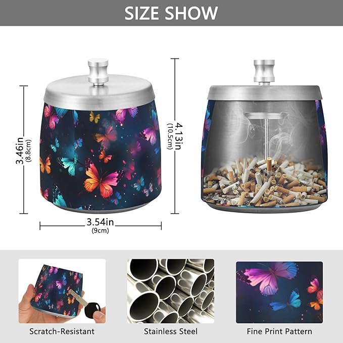 Butterflies Colorful Black Ashtray with Lid, Outdoor Ashtrays for Patio, Stainless Steel Ashtray Odorless Smokeless for Home Office Balcony