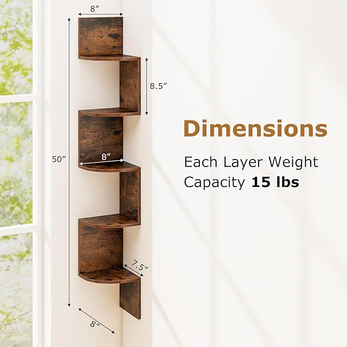 Tangkula 5-Tier Corner Shelf Wall Mount, Farmhouse Floating Corner Bookshelf, Industrial Modern Display Shelf Stand, Wooden Storage Organizer for Living Room Home Office (1, Rustic Brown)