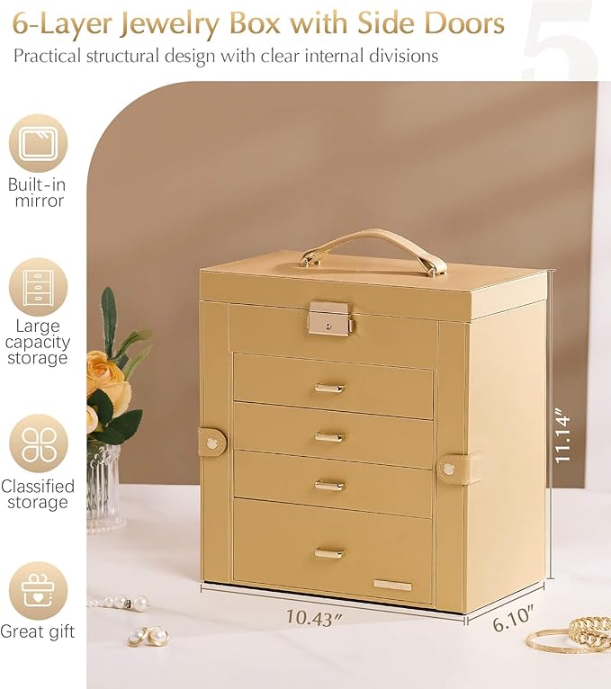 Valentine's Day Gifts Homde Synthetic Leather Huge Jewelry Box Mirrored Watch Organizer Necklace Ring Earring Storage Lockable Gift Case (Gold)