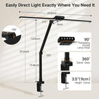 OUTON 29.5" Led Desk Lamp for Office Home, USB-A & USB-C Ports, Touch & Remote Control, 5 Color Temperatures, Stepless Dimming, Timer & Memory Function, 24W Eye-Care Monitor Light for Study Drafting