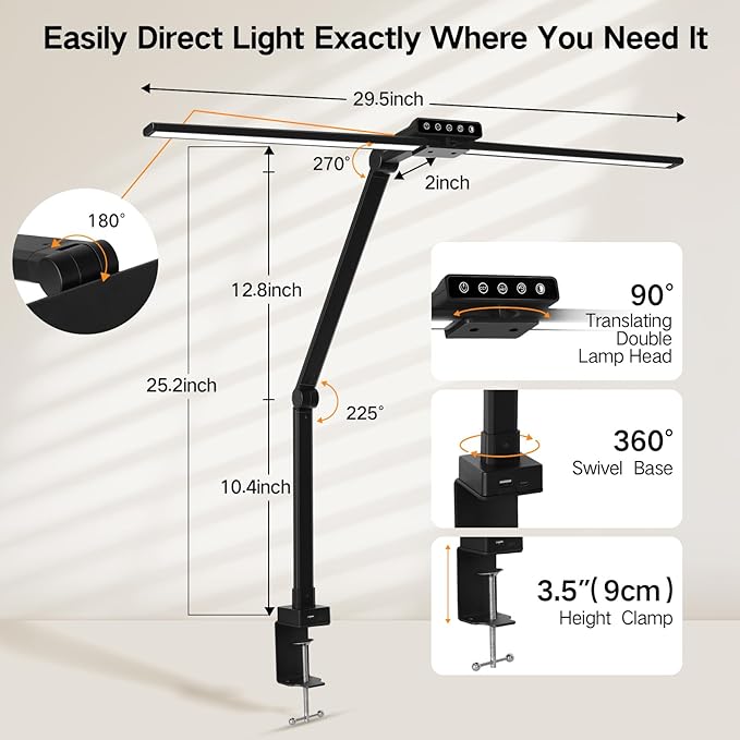 OUTON 29.5" Led Desk Lamp for Office Home, USB-A & USB-C Ports, Touch & Remote Control, 5 Color Temperatures, Stepless Dimming, Timer & Memory Function, 24W Eye-Care Monitor Light for Study Drafting