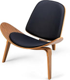 Hans Wegner Style Three-Legged Shell Chair Ash Plywood Accent Chair with Black Faux Leather Upholstery Living Room Furniture Mid-Century Modern Shell Chair - Walnut Wood - Black