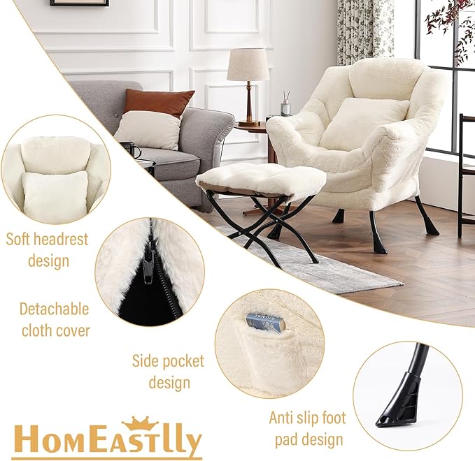 Lazy Chair with Ottoman, Large Lvory Lounge Accent Chair with Ottoman and FA Throw Pillow, Comfy Plush Reading Chair for Living Room Bedroom Dorm Room Office Apartment Relaxing Use
