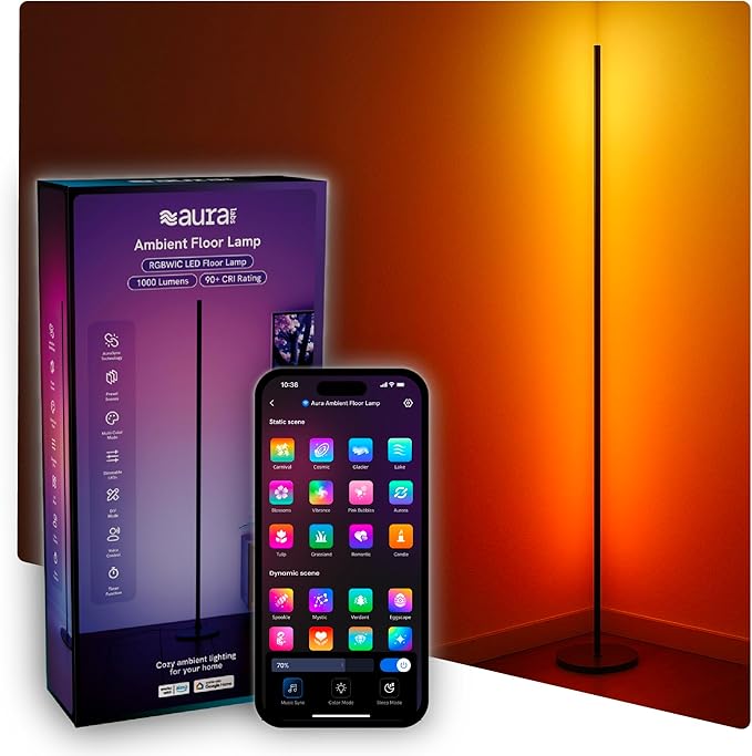Aura RGBICW Floor Lamp, Ambient Lighting LED Corner Light App & Voice Control with Music Sync 1000 Lumen 4-Billion Colors, 90+ CRI, Preset & Custom Colors & Scenes, Modern Floor Lamps for Living Room