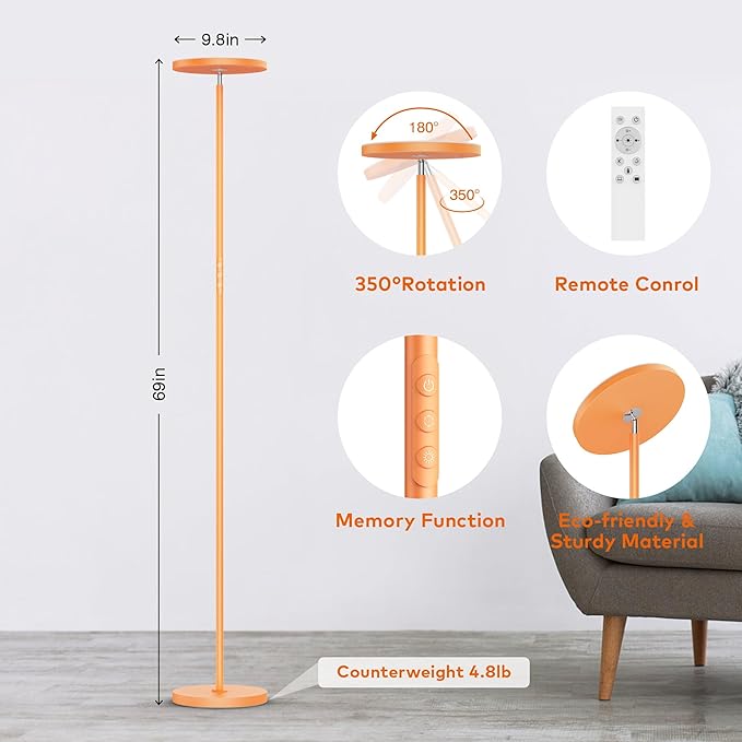 Floor Lamp,Bright 36W 3500LM Standing Lamp with Remote, 2700K Soft White to 6500K Cool White Adjustable,Touch Control Dimmable Torchiere Tall Light for Living Room,Bedroom,Office,Sofa(Orange)