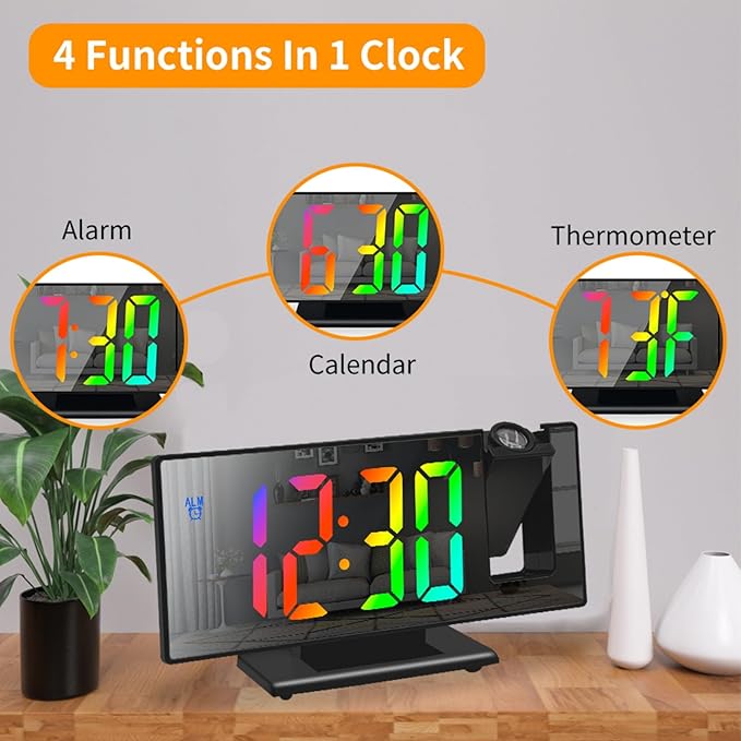 Projection Alarm Clock for Bedroom, Digital Smart Clock with 180° Rotatable Projector, 3 Level Brightness Dimmer, Clear LED Color Display, Digital Alarm Clock for Bedroom