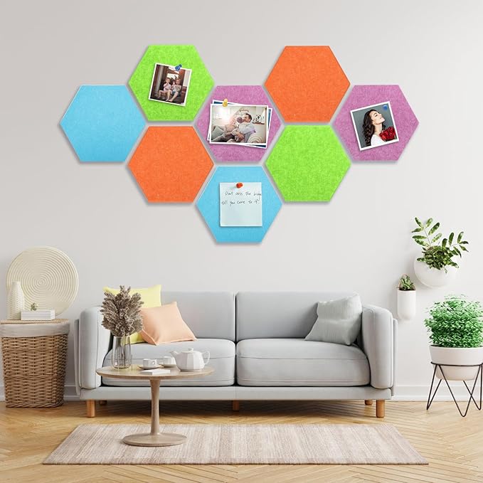 8 Packs Hexagon Felt Pin Board, 12" Bulletin Board with 30 Push Pins, Felt Board for Home Kitchen Office Decor, Self-Adhesive Corkboard Tiles for Walls School Message Photos Memos-Colorful