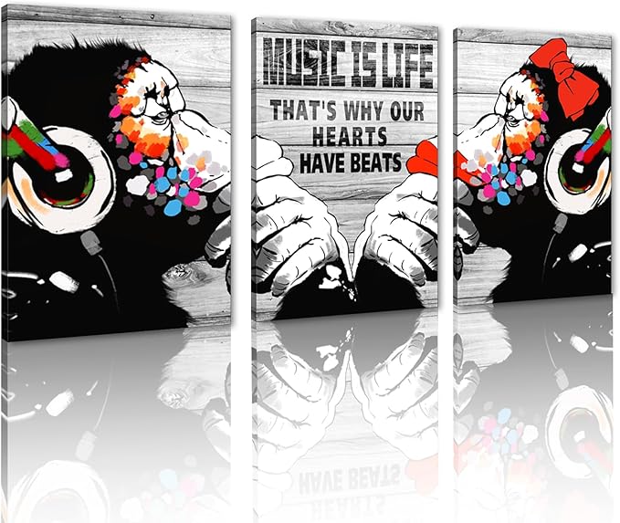 Novatique Banksy Canvas Wall Art Street Graffiti Wall Art Music is Life Animals Painting Print Abstract Painting Pop Art Wall Decor Monkey Graffiti Art for Living Room Bathroom, 20" x 28" x 3pcs