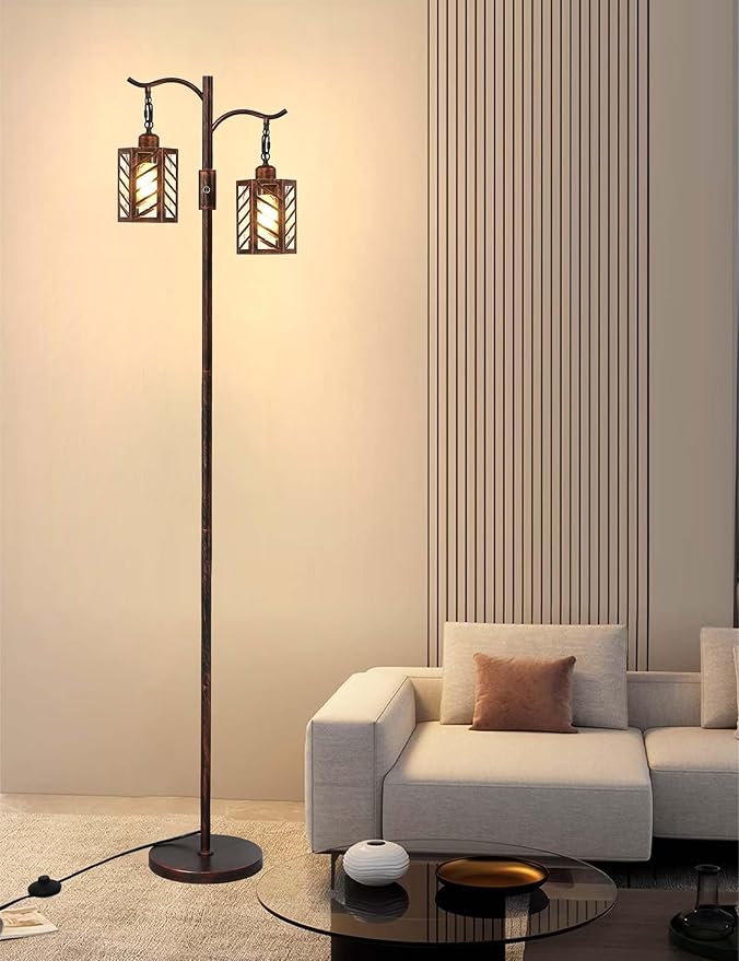 Industrial Vintage Dimmable Lamp, 2 Classical Lanterns Rustic Farmhouse Floor Lamp with Bronze Gold Finish, for Living Room Bedroom (Red Copper)