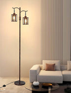Industrial Vintage Dimmable Lamp, 2 Classical Lanterns Rustic Farmhouse Floor Lamp with Bronze Gold Finish, for Living Room Bedroom (Red Copper)