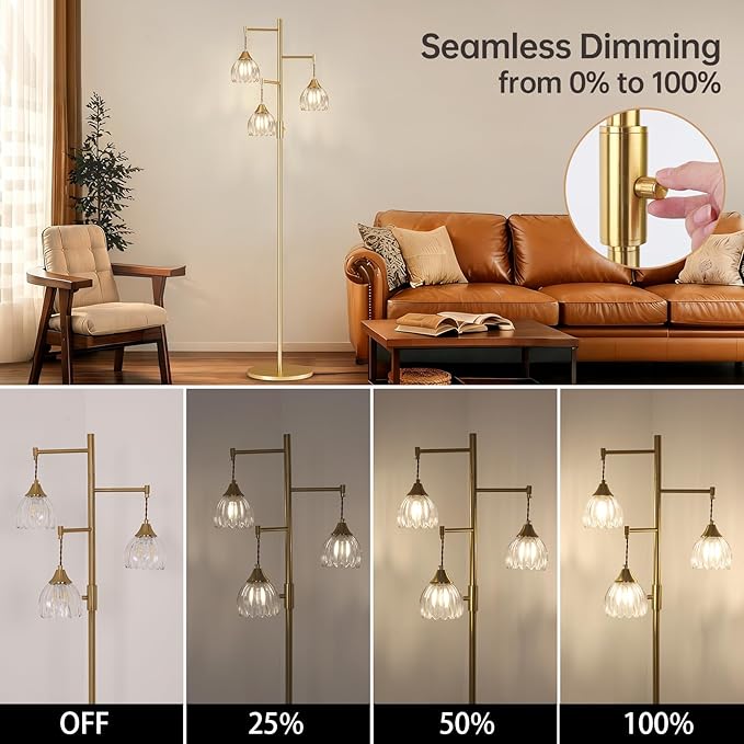 Dimmable Floor Lamp for Living Room, Bedroom, Gold Standing Lamp with 3pcs 6W Bulbs, Vintage Brass Floor Lamps for Corner, Nursery (Clear Tulip)