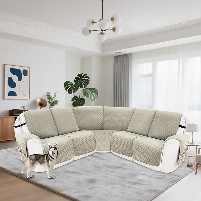 Recliner Sofa Covers 100% Waterproof Recliner Cover Washable Velvet L Shape Recliner Couch Covers for Sofa Pets Anti Slip Recliner Slipcovers with Pockets (5 Seat Sofa, Light Gray)