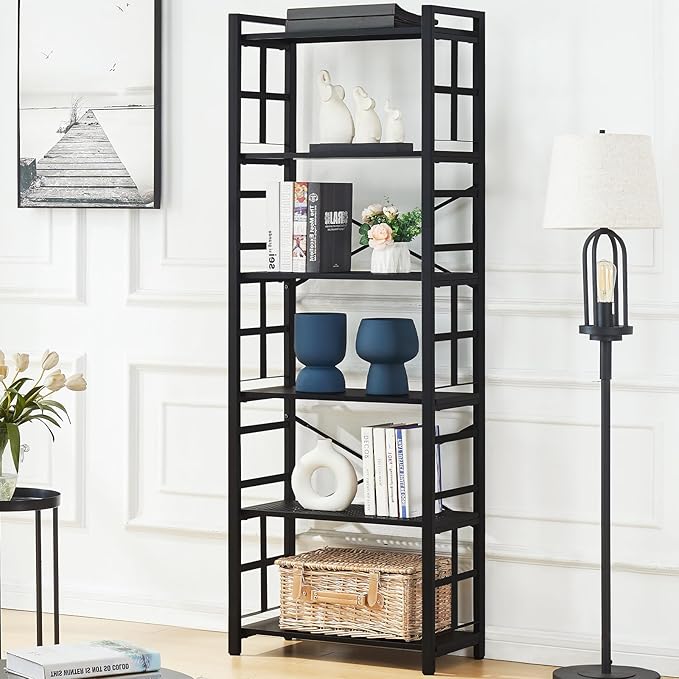 HOMBAZAAR 6 Tier Bookshelf,70 inch Tall Industrial Bookcase with Metal Frame and Open Shelves,Rustic Heavy Duty 6 Shelf Bookcase, Office Book Shelves for Living Room and Bedroom,Black