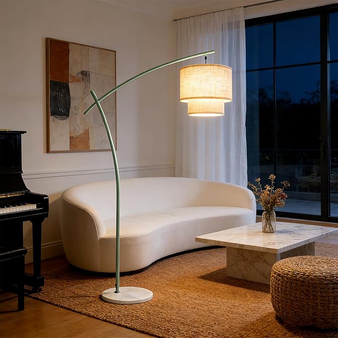 Lightdot Arc Floor Lamp for Living Room, Modern Standing Tall Lamps with Double Linen Lampshade, Tall Hanging Pole Lamp with Bulb Included for Bedroom Sofa Beside/Corner Decor - Grayish Green