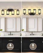 4-Light Black Bathroom Light Fixtures, 29 Inch Modern Bathroom Vanity Lighting Fixtures Over Mirror with Clear Glass and Metal Cage Wall Sconce Lights for Bath, E26, OS-3014BK-4W