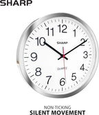 Sharp Wall Clock – Silver/Chrome, Silent Non Ticking 12 Inch Quality Quartz Battery Operated Round Easy to Read Home/Kitchen/Office/Classroom/School Clocks, Sweep Movement