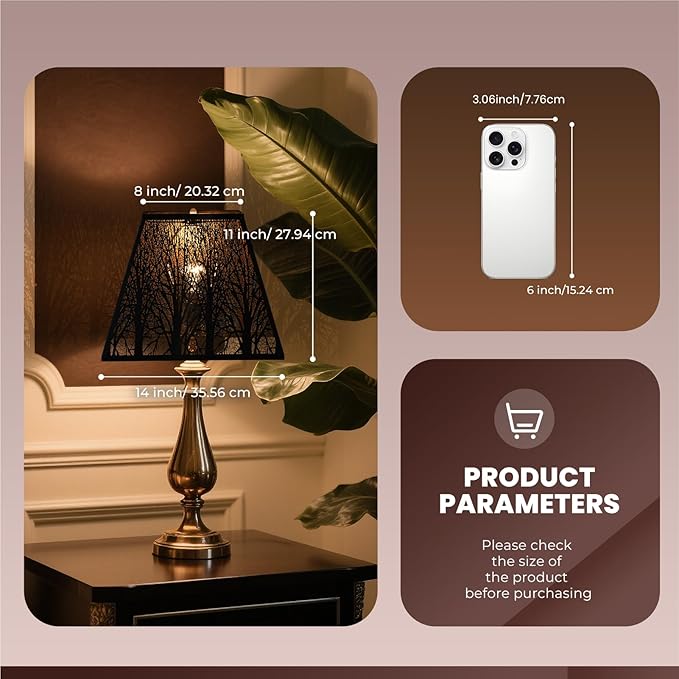 Large Metal Lampshade New Pyramid Shape Design 8'' Top 14'' Bottom 11'' Height ALUCSET Square Bell Shade Lamp Shade Forest Design Black and Gold fits for Table Lamps and Floor Lamps