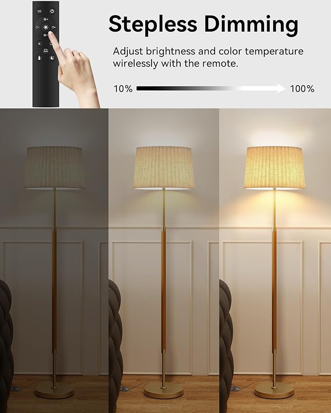 JOOFO Mid-Century Modern Wood Floor Lamp with Dual Fabric Shade, Remote Control, Dimmable & Adjustable Color Temperature, Reading & Living Room Lamp, Easy Clean Cover, Foot Switch,Walnut Wood