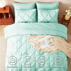CozyLux Queen Comforter Set Mint Green, 7 Pieces Pintuck Bed in A Bag, Premium Green Comforter Queen Size, Pinch Pleat Bedding Sets with Comforter, Flat Sheet, Fitted Sheet, Pillowcases & Shams