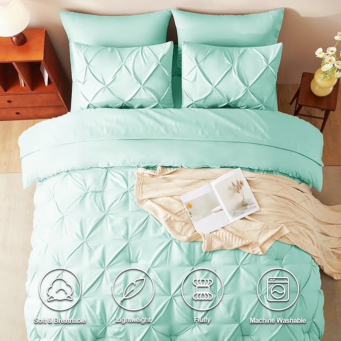 CozyLux Full Size Comforter Sets Mint Green, 7 Pieces Pintuck Bed in A Bag Green Comforter Full Size, Pinch Pleat Bedding Sets with All Season Comforter, Flat Sheet, Fitted Sheet, Pillowcases & Shams