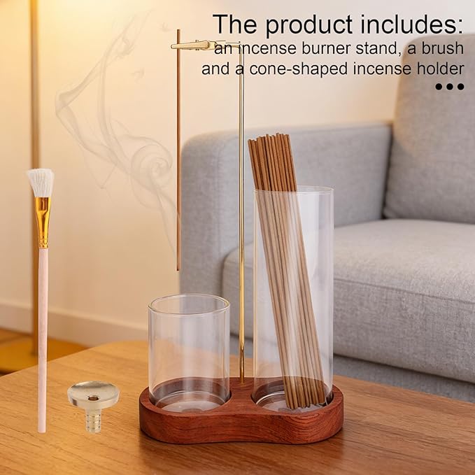 3 in 1 Glass Incense Holder, Upside Down Incense Stick Holder with Enlarged Aroma Storage Cup Ash Tray Brush & Cone Stand for Meditation Yoga Spa & Home Decor