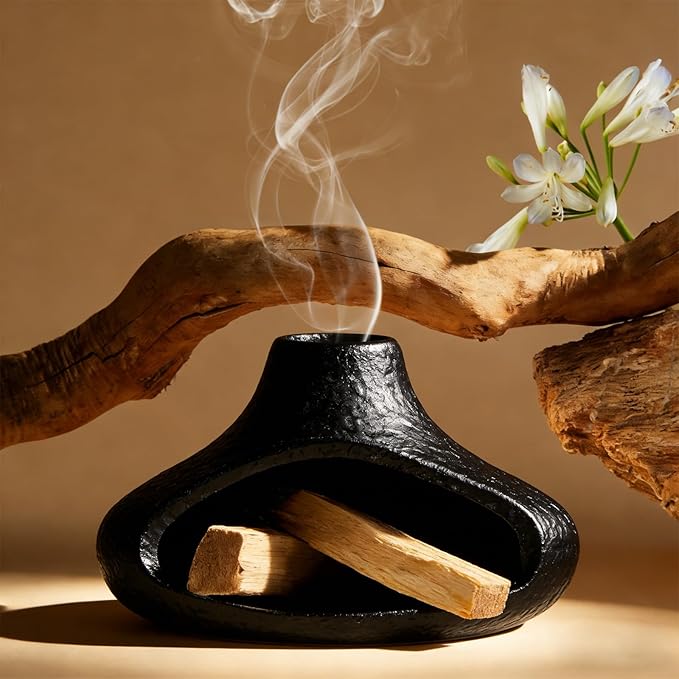 Palo Santo Holder, Incense Holder for Sage, Wood Sticks, Cones, Incense Burner Ceramic Mini Chimney for Meditation Yoga, Ash Catcher Room Home Decor(Black)