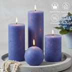 Dark Blue Rustic Textured Pillar Candles Set - 4 Pcs Assorted Sizes Unscented Pillar Candle, Decorative Farmhouse Candles for Home Centerpiece Decor, Holiday Dinner Table, Dripless & Smokeless