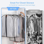 Suit Bags for Closet Storage Garment Bag (24'' x 40'' Set of 12) Clear Garment Bags for Hanging Clothes Plastic Waterproof Suit Cover Bag with Zipper for Coats, Jackets, Shirts Closet