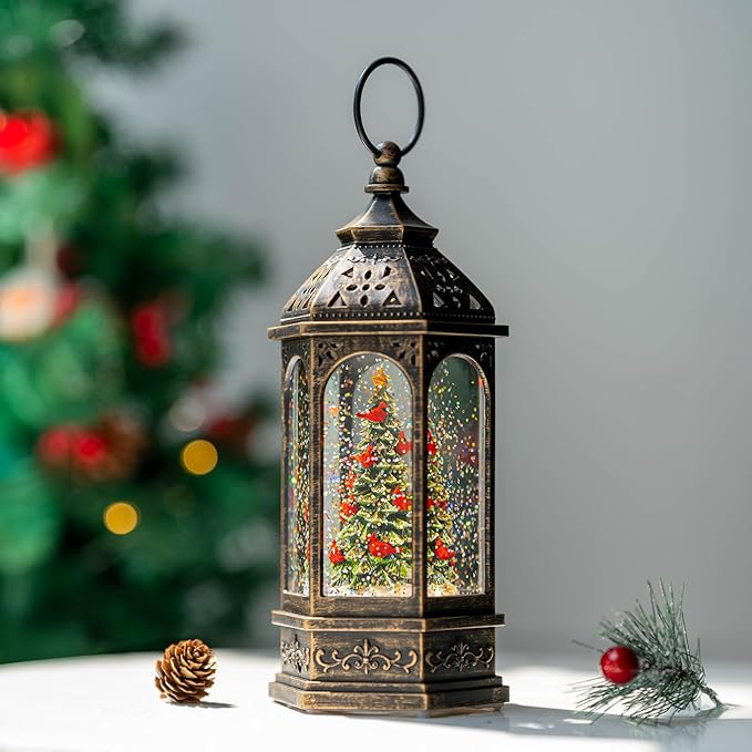 Lighted Christmas Tree Cardinal Music Snow Globe Water Lantern with Swirling Glitter Decoration for Christmas Home, Living Room, Battery Operated or USB Powered