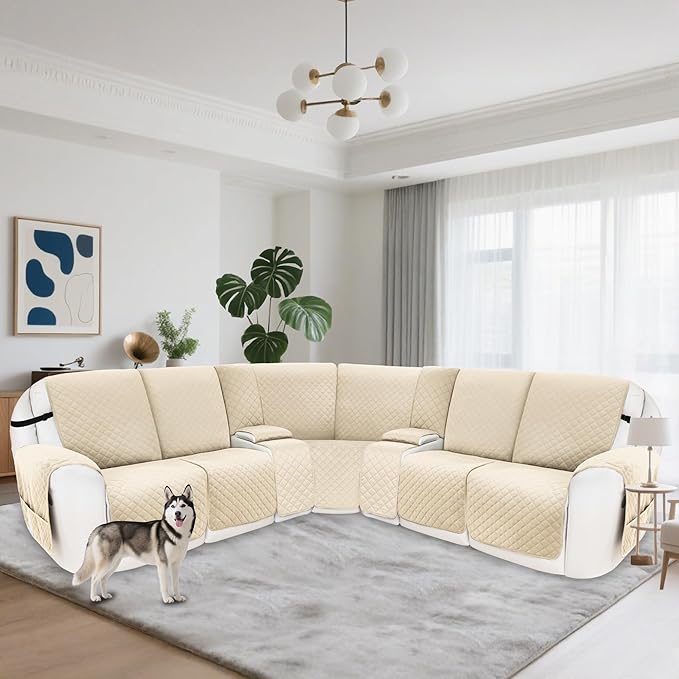 Reclining Sectional Couch Covers 100% Waterproof Velvet L Shape Recliner Couch Covers for Sofa Pets Washable Anti Slip Recliner Slipcovers with Pockets (5 Seat Sofa with 2 Console, Beige)