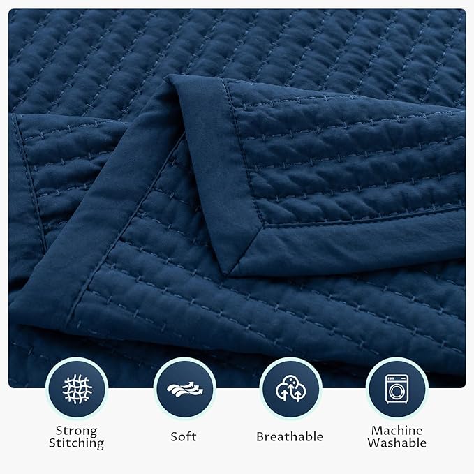 KASENTEX Oversized Queen Quilt Set 102"x106" – Soft Washed 3-Layer Lightweight Bedspread, Minimalist Nordic Design, All-Season Spring & Summer Quilt Set (1 Quilt + 2 Pillow Shams),Dress Dark Blue