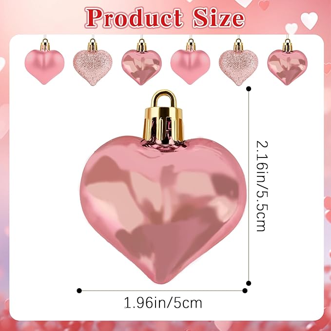 Valentines Day Heart Ornaments, 24Pcs Hanging Heart Ornaments, Glitter Rose Gold Heart-Shaped Baubles for Outdoor Wedding Anniversary Mother's Day Romantic Galentines Valentines Day Party Decoration