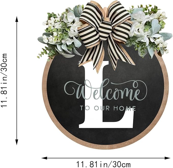 Circular Surname Front Door Welcome Sign - 26 Letter House Wreath, Front Porch Decorations, Year-Round Home Decor (L)