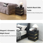 Black Nightstand, LED Bedside Table with 3 Storage Drawers, Modern End Table with Charging Ports & Outlets, Bedside Tables for Living Room/Bedroom