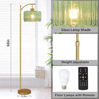 Glass Floor Lamp for Living Room,Bedroom,Gold Dimmable Standing Lamp with Remote,Mid Century Modern Brass Tall Lamp Boho Vintage Retro Floor Lamps Arc Green Flower Floor Light Lamp Bohemian