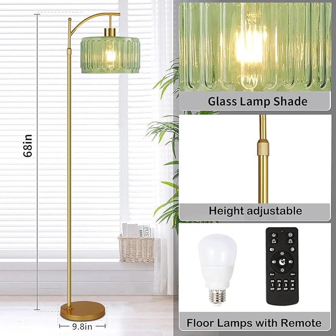 Glass Floor Lamp for Living Room,Bedroom,Gold Dimmable Standing Lamp with Remote,Mid Century Modern Brass Tall Lamp Boho Vintage Retro Floor Lamps Arc Green Flower Floor Light Lamp Bohemian