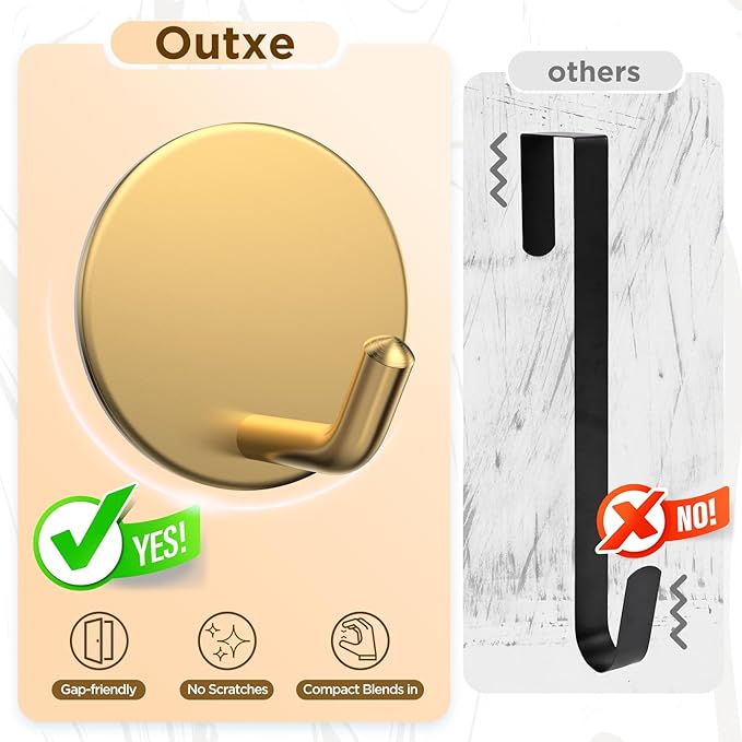 OUTXE Adhesive Wreath Hanger, Heavy Duty Reef Hook | for Front Door Glass Window | for Christmas/Thanksgiving/Halloween/July 4th/Easter/Valentine/Fall/Summer/Spring (Gold, 4-Pack)