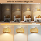 Gold Floor Lamps for Living Room, Arc Floor Lamp with Remote & Dimmable Bulb, Boho Standing lamp with 3 Color Temperatures, Adjustable Rattan & Fabric Shades Tall Lamp, Over Couch Reading Lamp