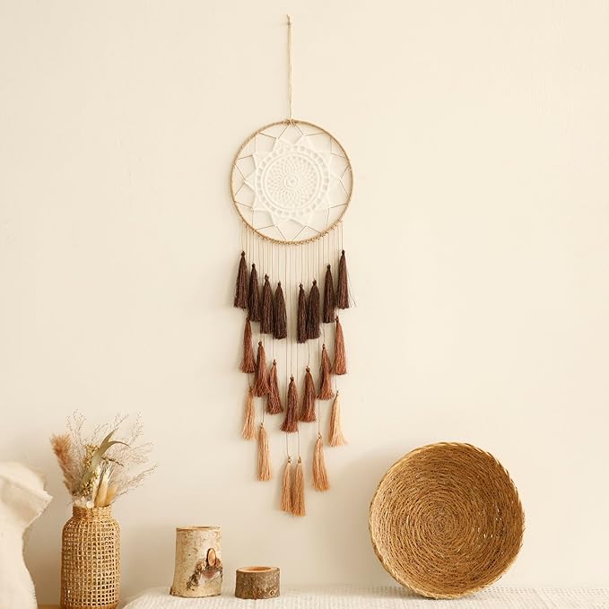Macrame Dream Catcher for Girls - Large Dream Catchers Boho Wall Decor, Handmade Tassels Ornament Colorful for Bedroom Livivng Room Nursery Apartment (Tan)
