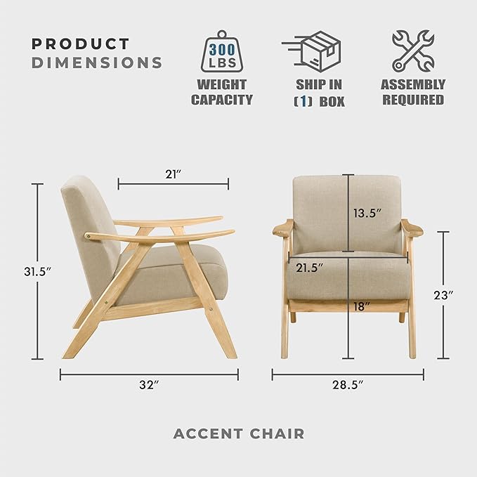 Lexicon Mid Century Modern Accent Chair with Solid Wood Frame in Natural Finish, Textured Fabric Living Room Lounge Arm Chair, Thick and Comfy Innerspring Seat Cushion, Linen-Look Fabric, Light Brown