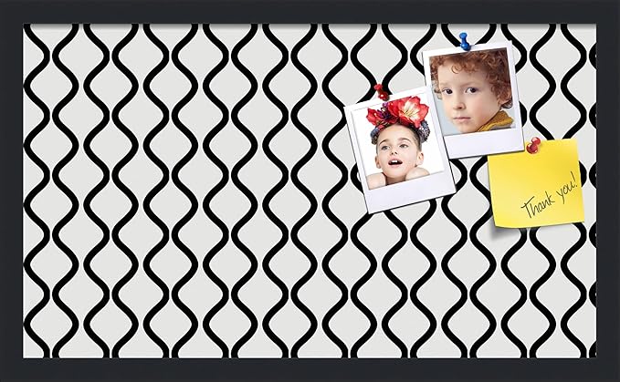 PinPix 24x14 Inch Cork Bulletin Board. This Decorative Framed Pin Board Comes with Black and White Waves Design and a Satin Black Frame. Ideal for Home Office Decor or Message Board (PinPix-194)