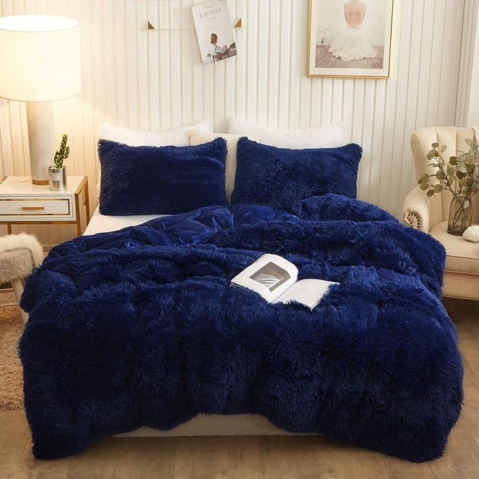 XeGe Plush Shaggy Duvet Cover Set, Luxury Ultra Soft Crystal Velvet Fluffy Bedding Sets 2 Pieces(1 Faux Fur Furry Comforter Cover + 1 Fuzzy Faux Fur Pillowcase), Zipper Closure(Twin, Navy Blue)