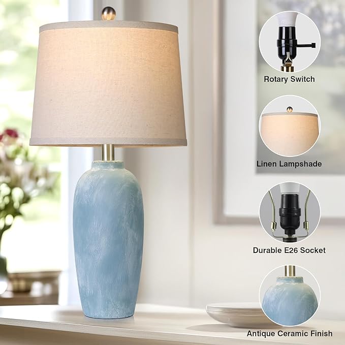25“ Jar Table Lamps Set of 2, Ceramic Bedside Lamps for Bedroom, Blue Coastal Nightstand Lamps for Living Room
