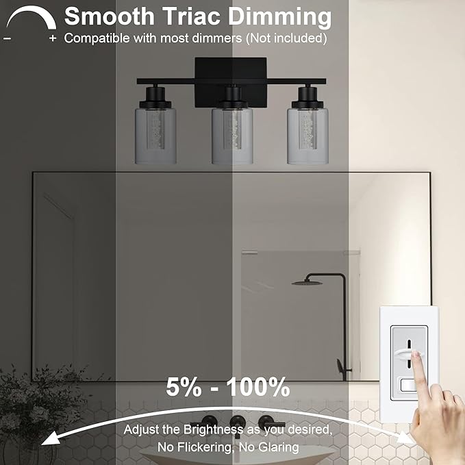 MELUCEE Bathroom Vanity Light Fixtures, 3-Light LED Bathroom Lighting Fixtures Over Mirror, 3000K-6000K Modern Black Vanity Light for Bathroom with Crystal Bubble Glass Shade, Built-in LED Chips