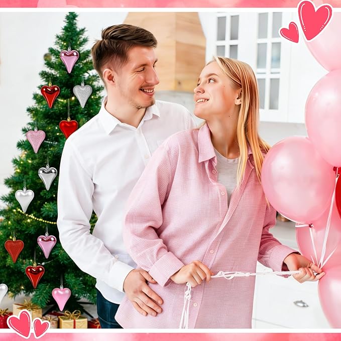 18 Pcs Valentines Tree Heart Ornaments Red Pink Silver Heart Shaped Valentines Tree Decorations 3 Style 3.2" Valentine Ornaments for Christmas Tree Anniversary,Wedding,Party Decoration