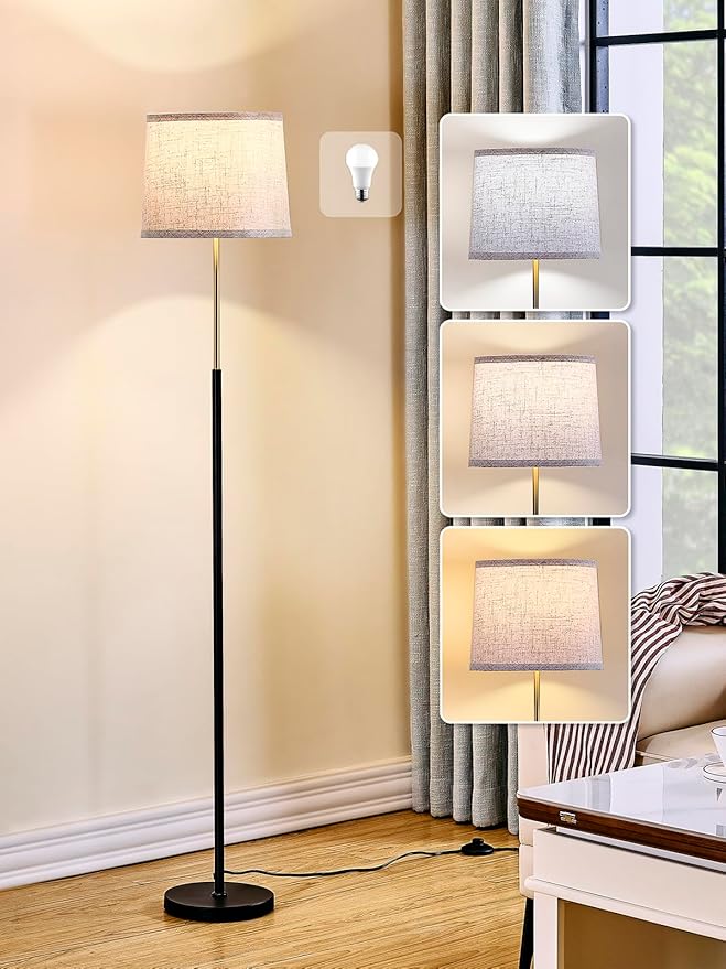 60" Modern Floor Lamp for Living Room Bedroom, Standing Lamp with Oatmeal Linen Lampshade, Tall Lamp with A19 9W 3 Color Temperature Bulb, Foot Switch Control, Black & Gold