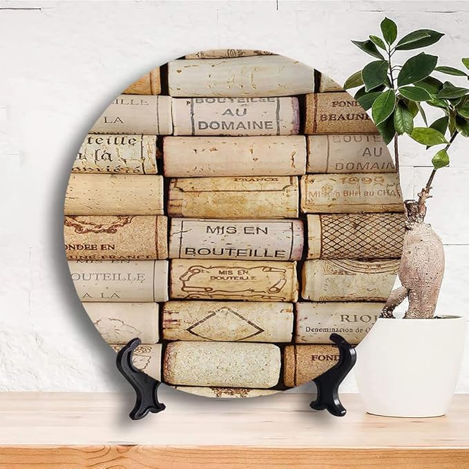 Ceramic Display Plate, Winery Ceramic Hanging Decorative Plate, Different Wine Corks Arranged in Line Collections, 6 Inch, Living Room Kitchen Decoration Household, Ivory Pale Brown