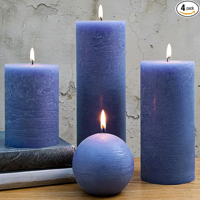 Dark Blue Rustic Textured Pillar Candles Set - 4 Pcs Assorted Sizes Unscented Pillar Candle, Decorative Farmhouse Candles for Home Centerpiece Decor, Holiday Dinner Table, Dripless & Smokeless