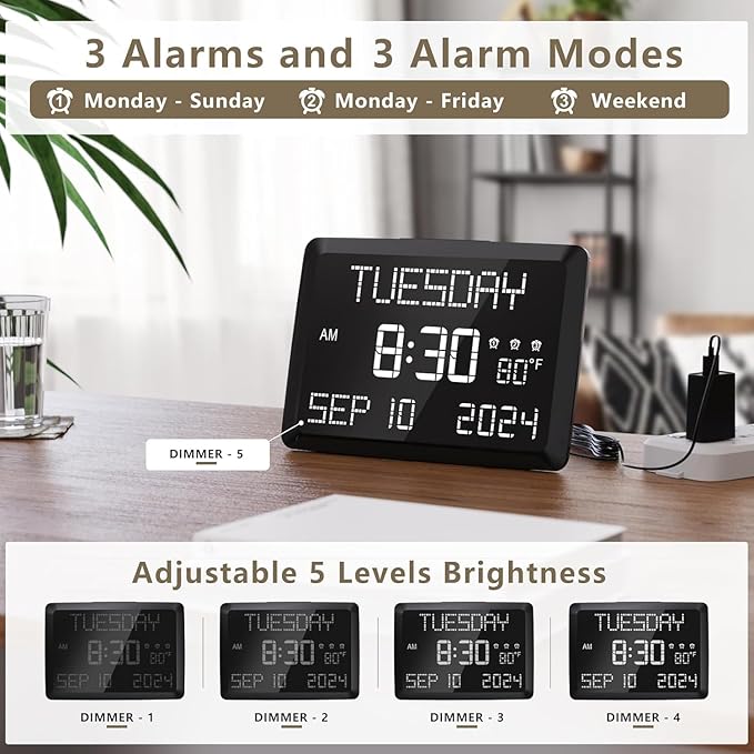 Raynic Digital Clock, 11.5" Large Display Calendar Clock with Day and Date, Indoor Temperature, Adjustable Brightness, Snooze,12/24H, DST for Home, Office, Elderly