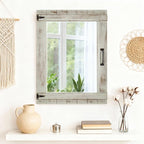 Oakrain Farmhouse Mirror, 24x32 Inch Distressed Gray Wood Frame with Black Metal Hinges, Rustic Wall Mirror for Bathroom, Living Room, Entryway, Bedroom